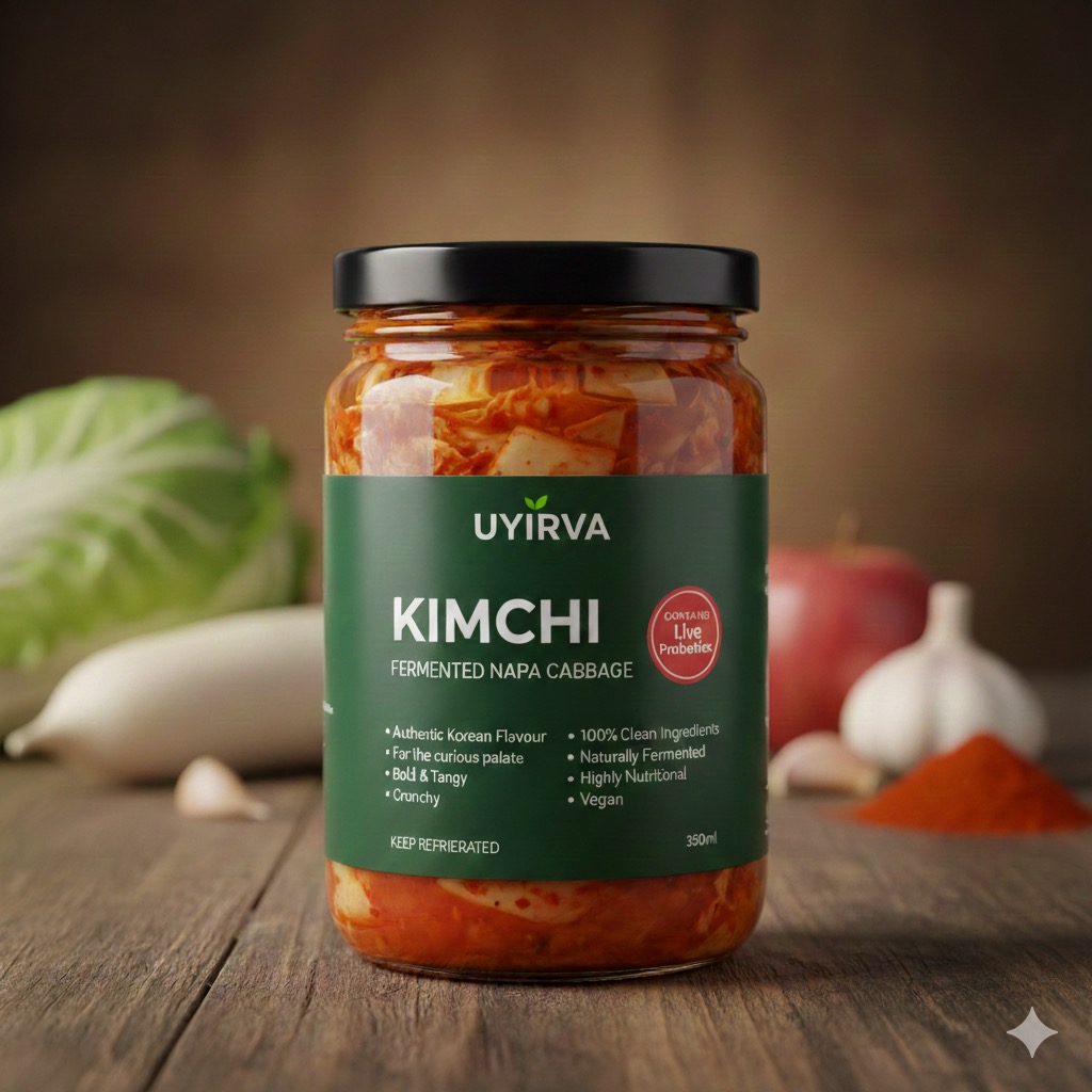 Jar of Uyirva Kimchi - fermented napa cabbage in a 350ml glass jar